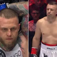 Dwaj zawodnicy MMA, jeden z tatuażami, drugi w białych spodenkach Pitbull.