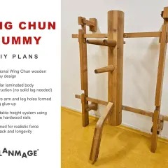 Drewniany manekin treningowy Wing Chun DIY z widocznymi ramionami i nogą.