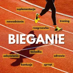 Biegacz na bieżni z tekstem "BIEGANIE" i hasłami: suplementacja, nawodnienie, rozgrzewka, trening, odżywianie, technika, zdrowie, kontuzje, sprzęt.