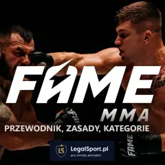 Dwóch zawodników MMA w akcji, z napisem FAME MMA i tekstem "Przewodnik, zasady, kategorie".