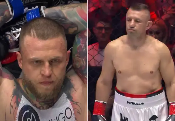 Dwaj zawodnicy MMA, jeden z tatuażami, drugi w białych spodenkach Pitbull.