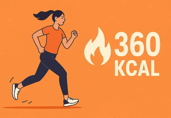 Ilustracja kobiety biegającej obok płomienia i napisu "360 KCAL".