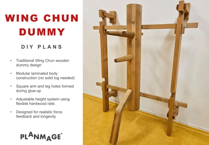 Drewniany manekin treningowy Wing Chun DIY z widocznymi ramionami i nogą.