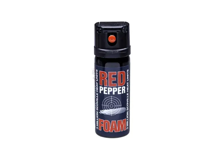 Puszka gazu pieprzowego Red Pepper Foam z czarną nakładką i czerwonym przyciskiem.