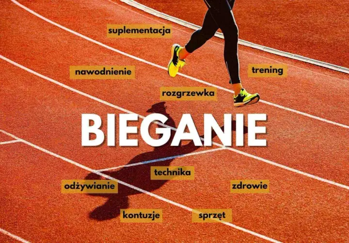 Biegacz na bieżni z tekstem "BIEGANIE" i hasłami: suplementacja, nawodnienie, rozgrzewka, trening, odżywianie, technika, zdrowie, kontuzje, sprzęt.