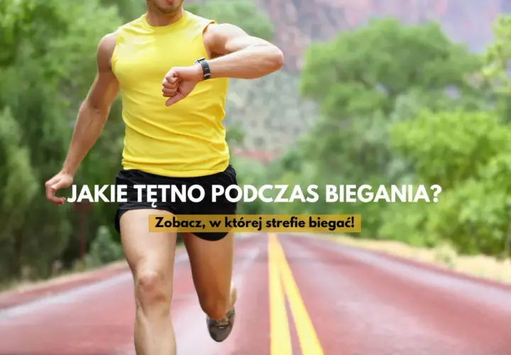 Mężczyzna w żółtej koszulce biegnie i sprawdza puls na zegarku.