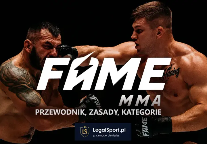 Dwóch zawodników MMA w akcji, z napisem FAME MMA i tekstem "Przewodnik, zasady, kategorie".