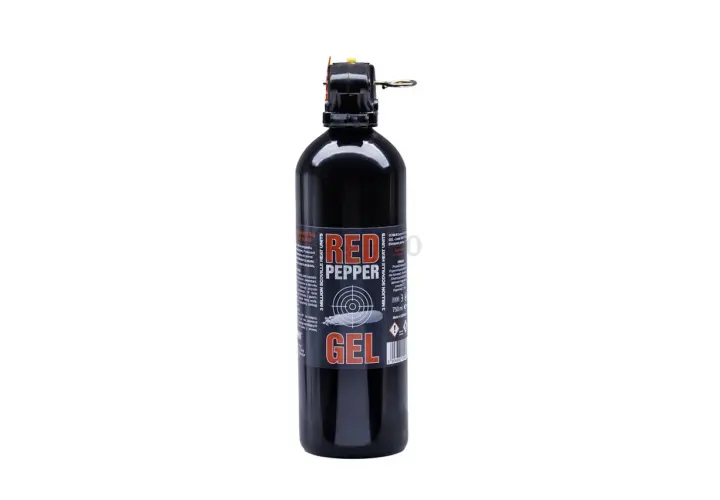 Czarny spray gazu pieprzowego Red Pepper Gel z pomarańczowym zabezpieczeniem.