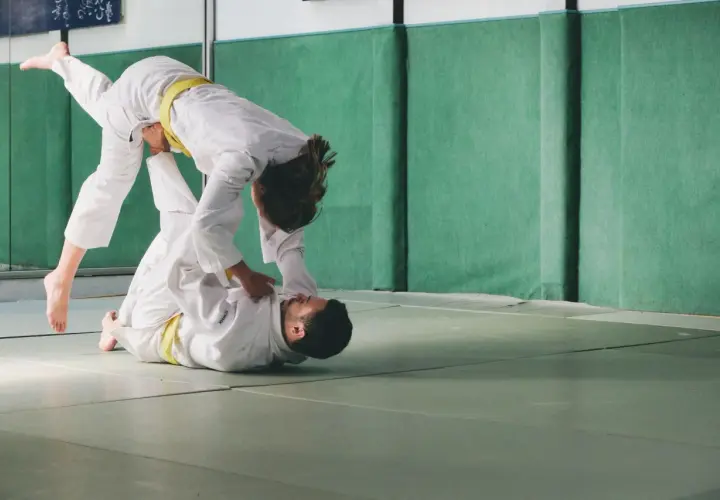Dwie osoby w judogach ćwiczą rzuty. Judo to jeden ze sportów walki na olimpiadzie.
