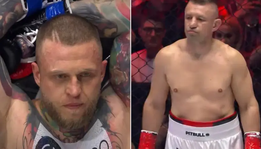 Dwaj zawodnicy MMA, jeden z tatuażami, drugi w białych spodenkach Pitbull.