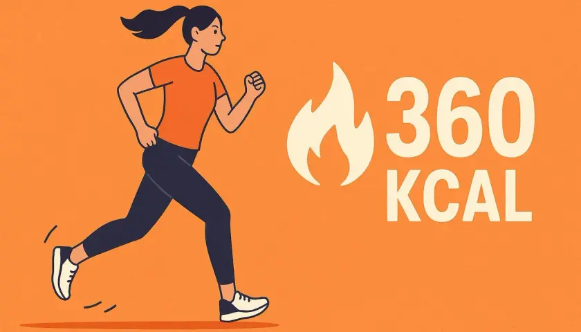 Ilustracja kobiety biegającej obok płomienia i napisu "360 KCAL".