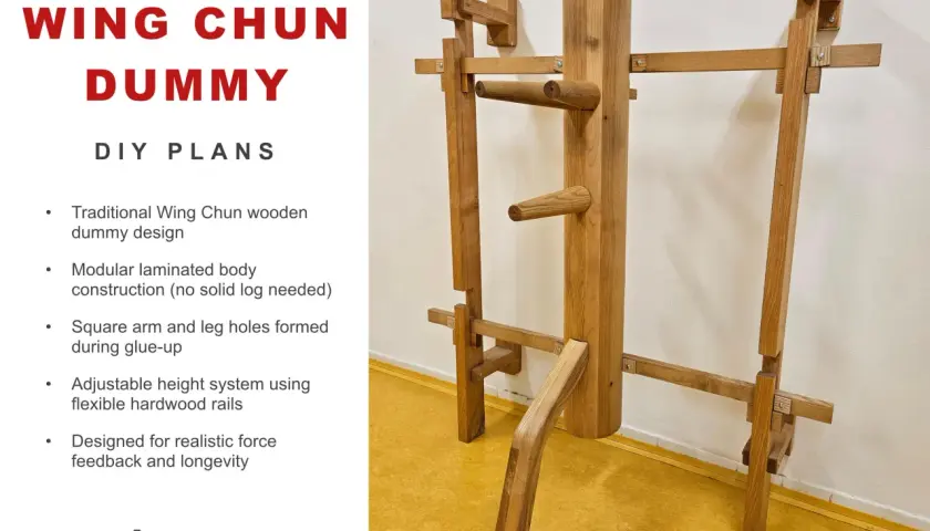 Drewniany manekin treningowy Wing Chun DIY z widocznymi ramionami i nogą.