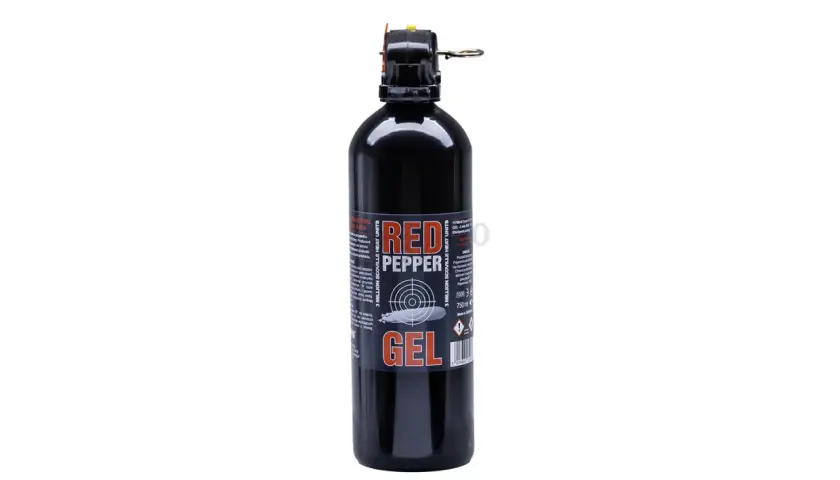 Czarny spray gazu pieprzowego Red Pepper Gel z pomarańczowym zabezpieczeniem.