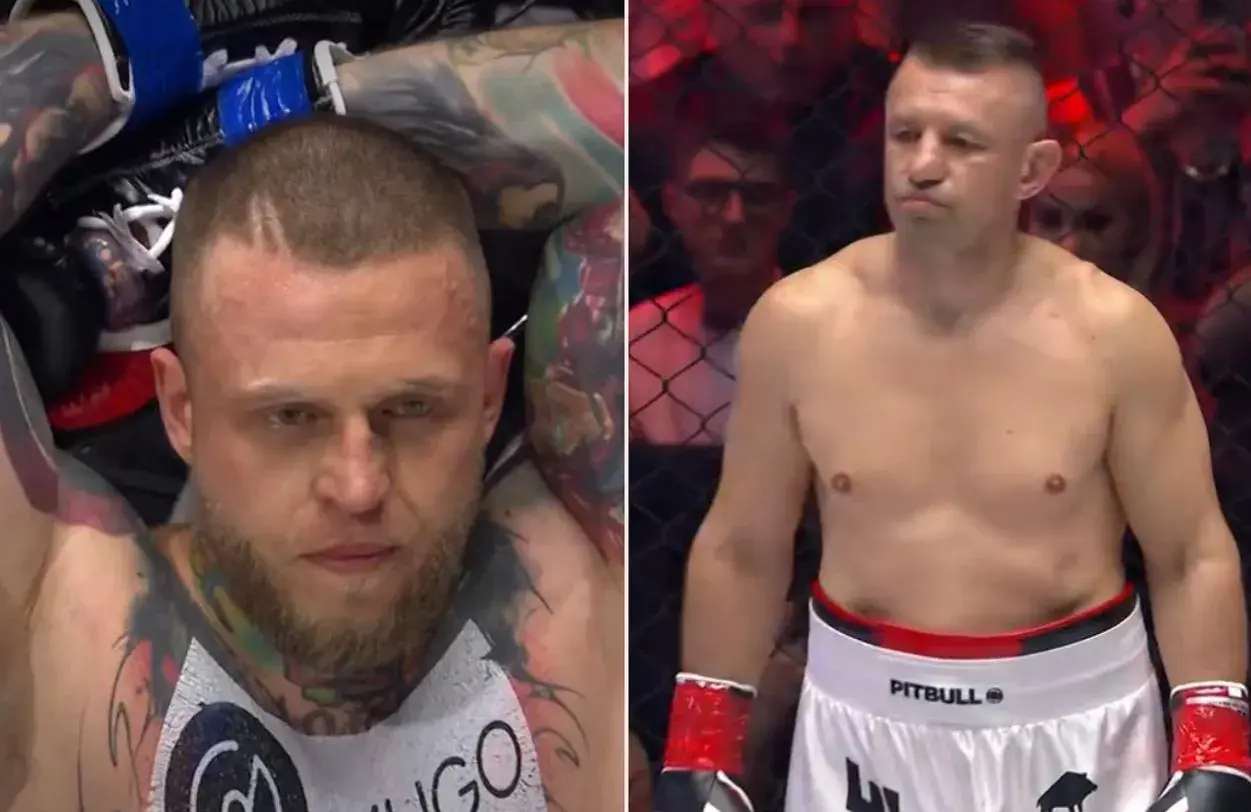Dwaj zawodnicy MMA, jeden z tatuażami, drugi w białych spodenkach Pitbull.
