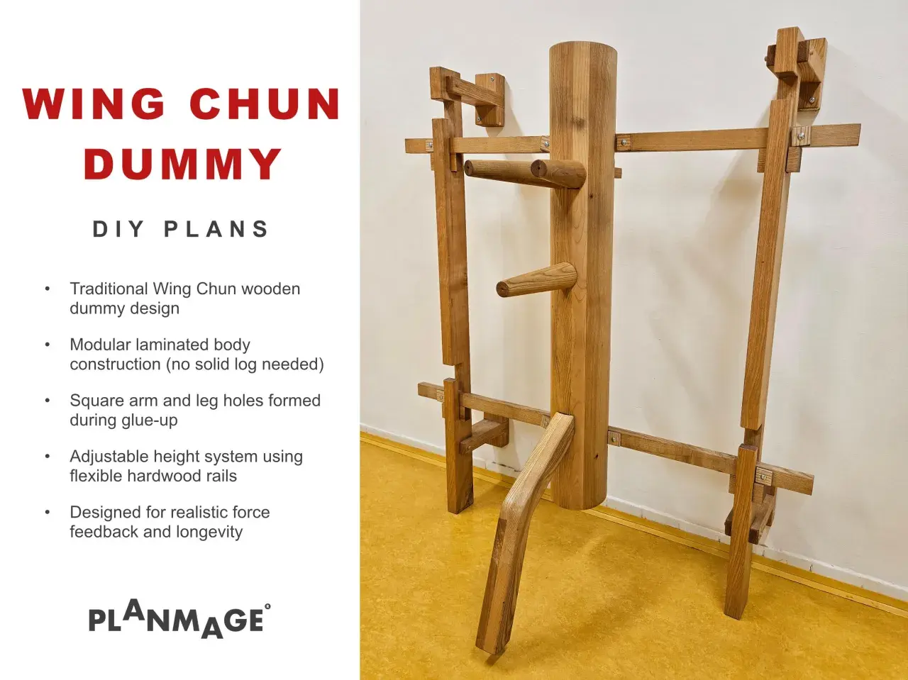 Drewniany manekin treningowy Wing Chun DIY z widocznymi ramionami i nogą.