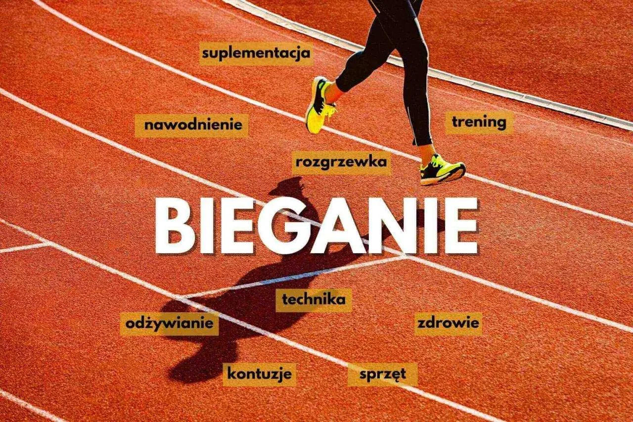 Biegacz na bieżni z tekstem "BIEGANIE" i hasłami: suplementacja, nawodnienie, rozgrzewka, trening, odżywianie, technika, zdrowie, kontuzje, sprzęt.