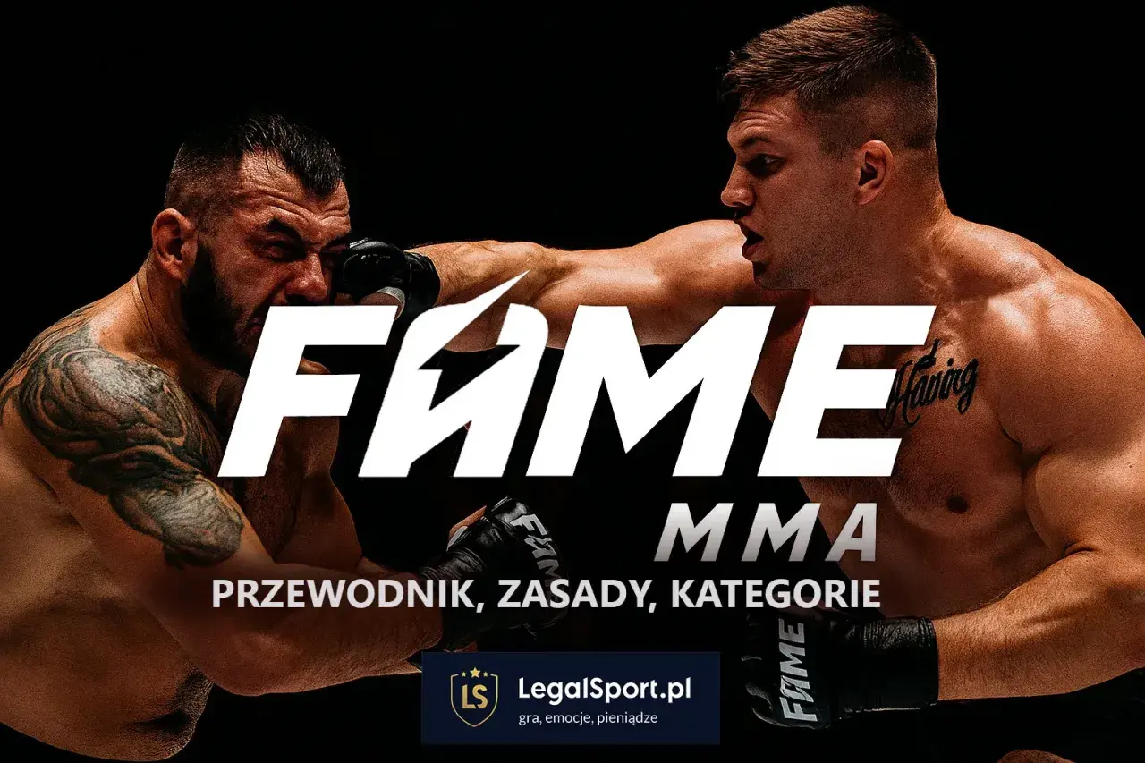 Dwóch zawodników MMA w akcji, z napisem FAME MMA i tekstem "Przewodnik, zasady, kategorie".